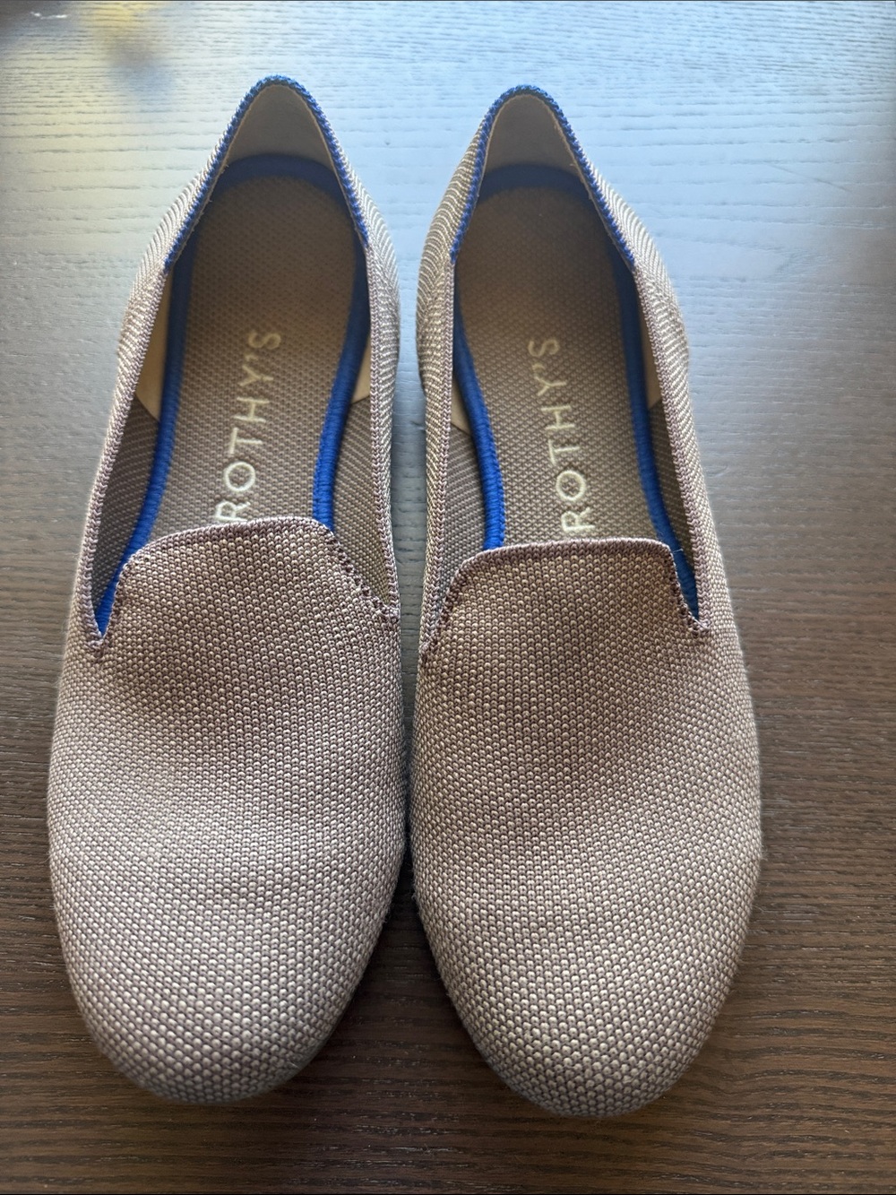 Rothy's Taupe Knit Slip-On Loafers with Blue Trim| Taupe or Beige